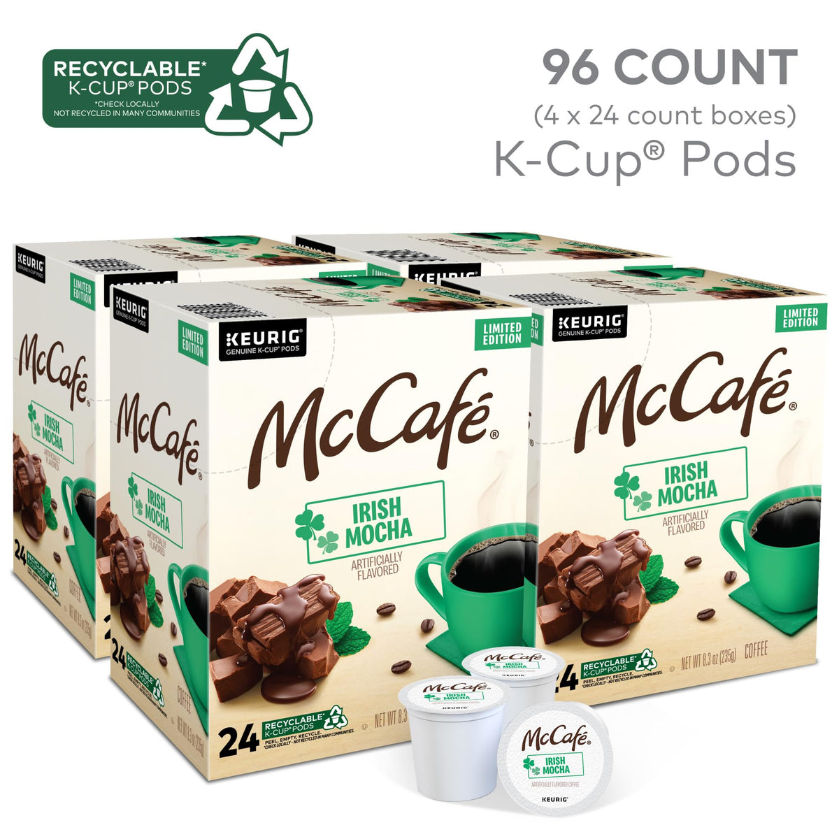 Steaming McCafé Irish Mocha cup with minty chocolate aroma
