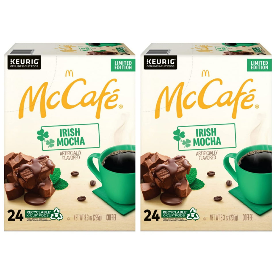 McCafé Irish Mocha K-Cups in a two-box pack for Keurig brewing.