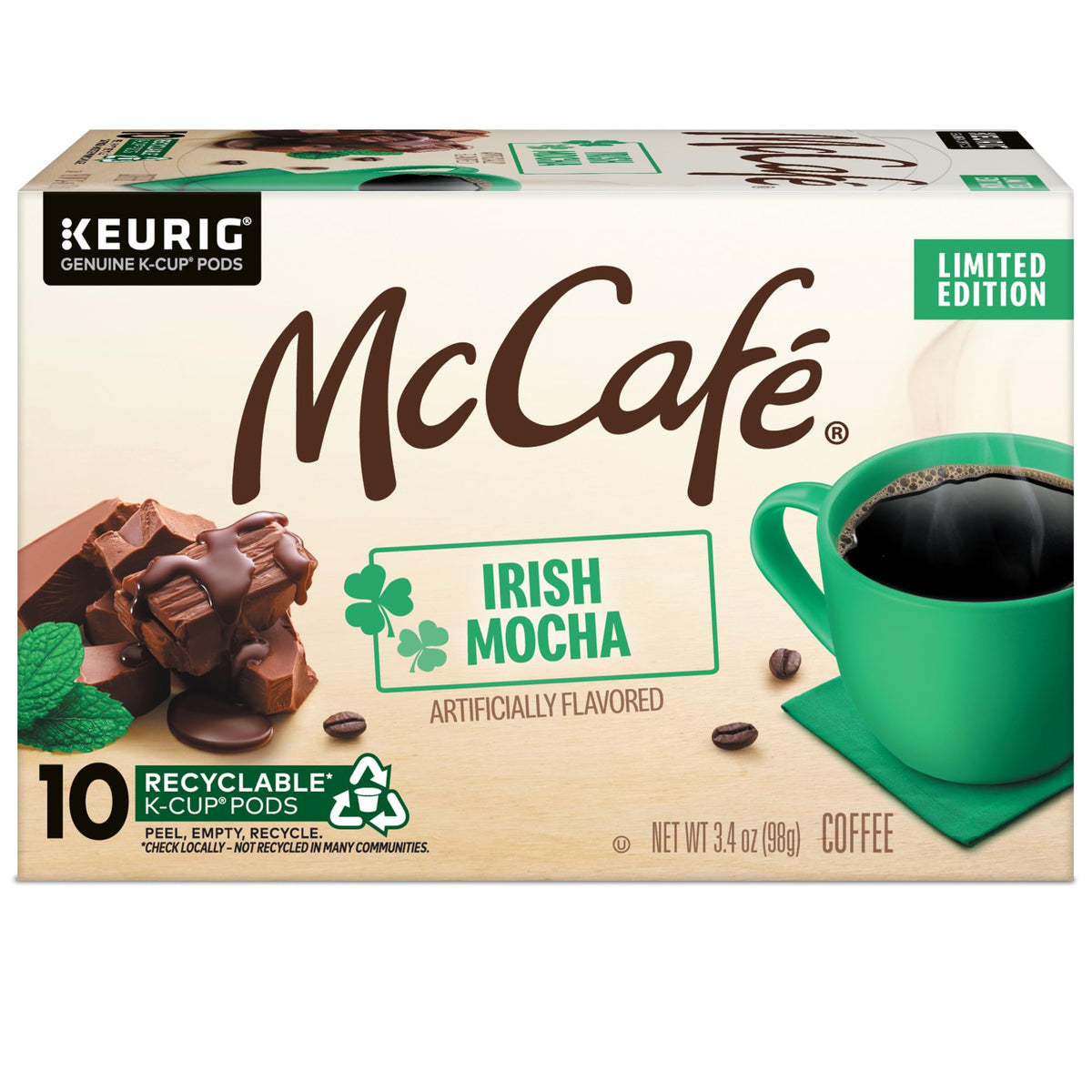 McCafé Irish Mocha K-Cup pods shown, 60-count, convenient single-serve for busy mornings.