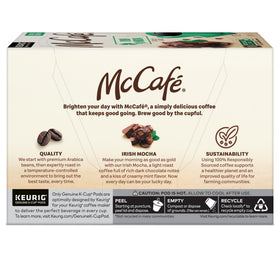 McCafé Irish Mocha recyclable K-Cup pods indicate easy recycling.