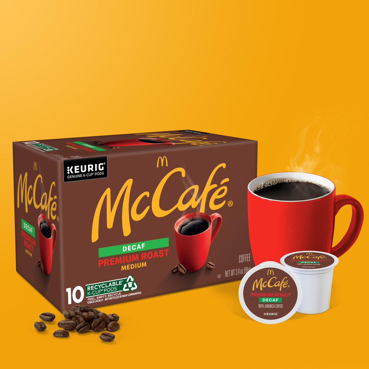 McCafé pods beside a Keurig machine highlighting single serve compatibility