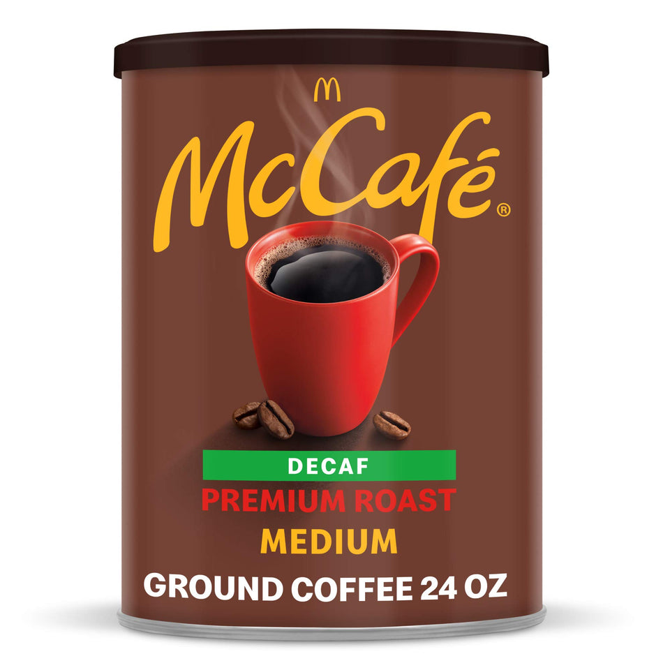 McCafé Premium Roast Decaf canister front view highlighting 24 oz packaging for freshness