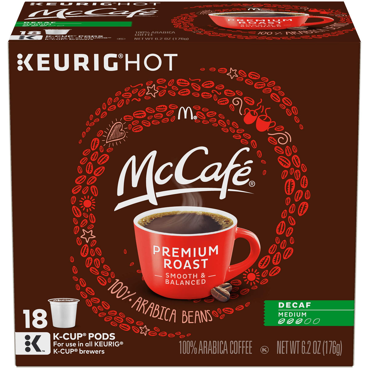 McCafé Premium Roast Decaf K-Cup box shown for home or office use