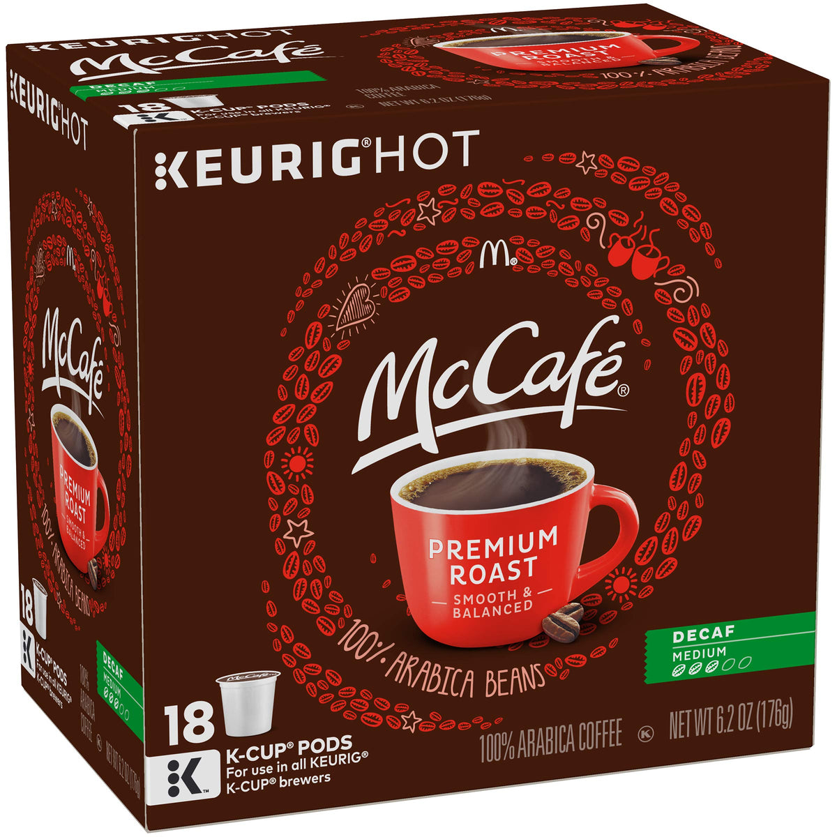 Close-up of McCafé Decaf K-Cup pod highlighting packaging and structure