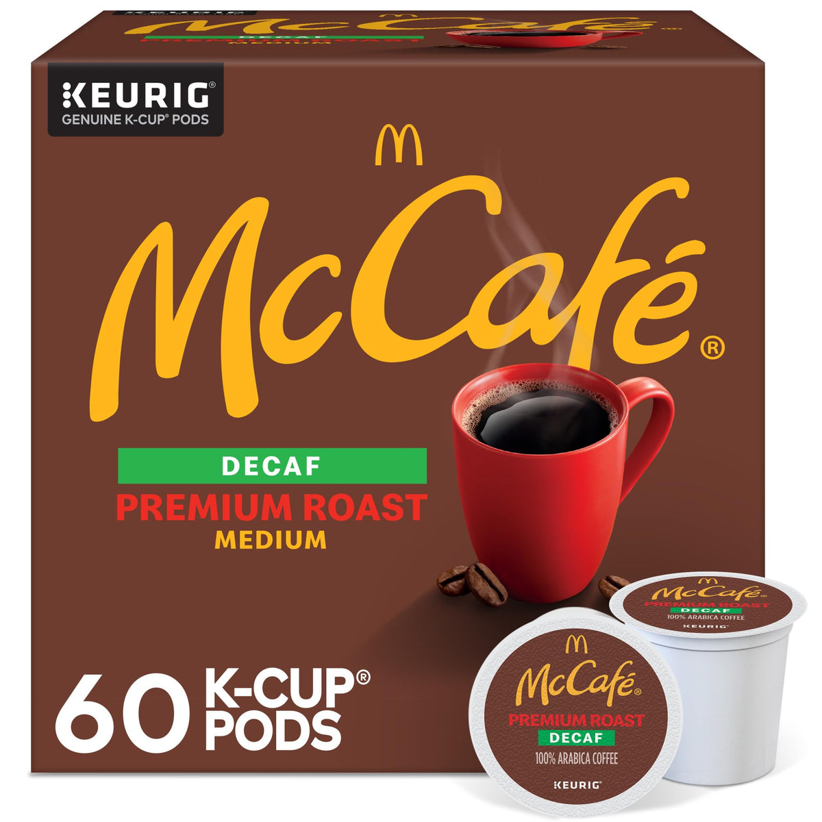 McCafé Premium Roast Decaf K-Cup pod front, ready for convenient use and aroma