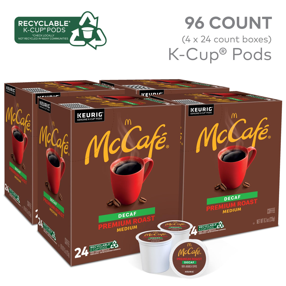 McCafé Premium Roast Decaf K-Cup pods close-up with high-quality Arabica beans