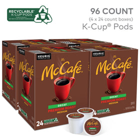 McCafé Premium Roast Decaf K-Cup pods close-up with high-quality Arabica beans