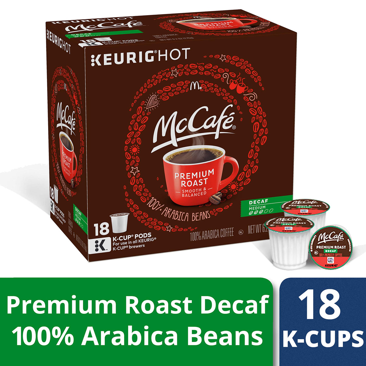 McCafé Premium Roast Decaf K-Cup pods on shelf ready to brew