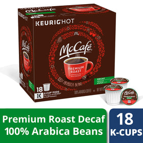 McCafé Premium Roast Decaf K-Cup pods on shelf ready to brew
