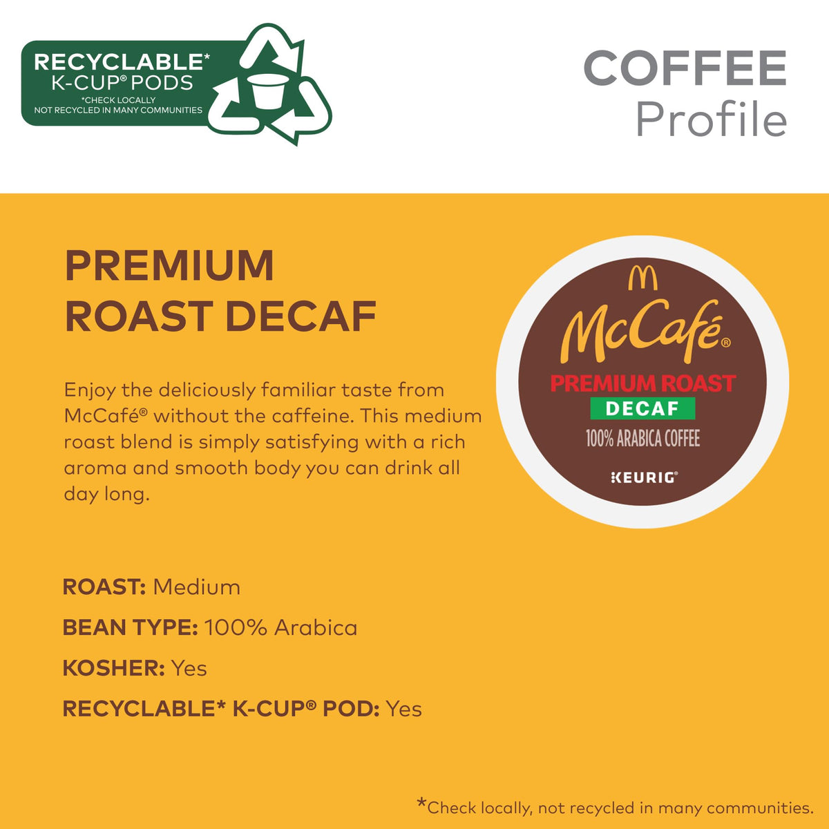 McCafé Premium Roast Decaf K-Cup pods pour into a mug, rich aroma rising