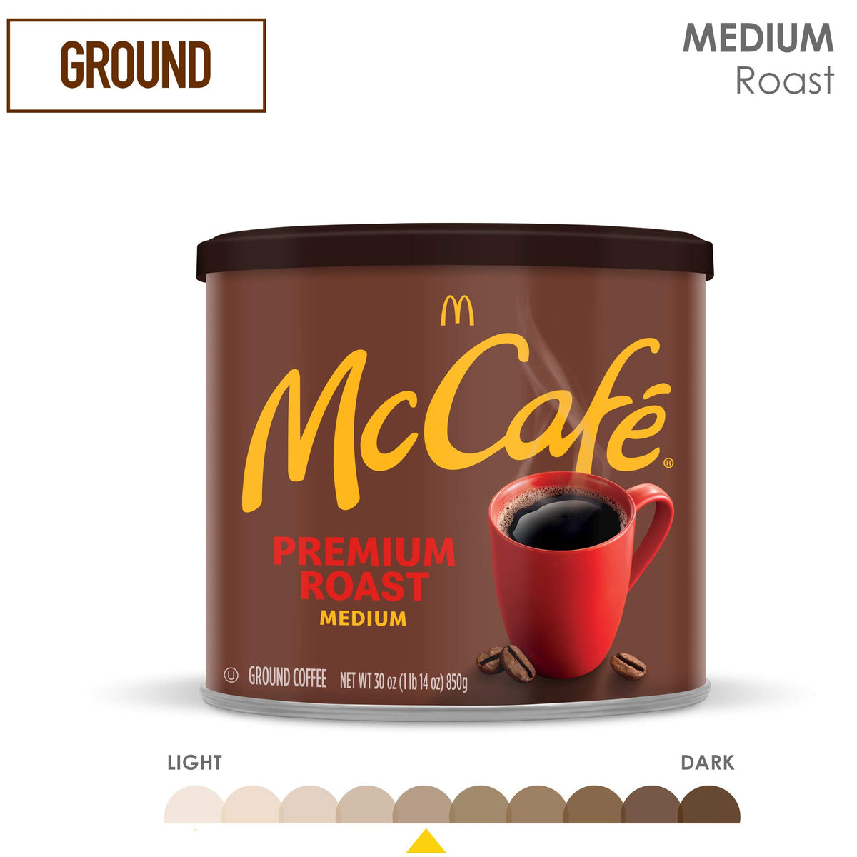 Steam rises from a hot mug of McCafé Premium Roast.