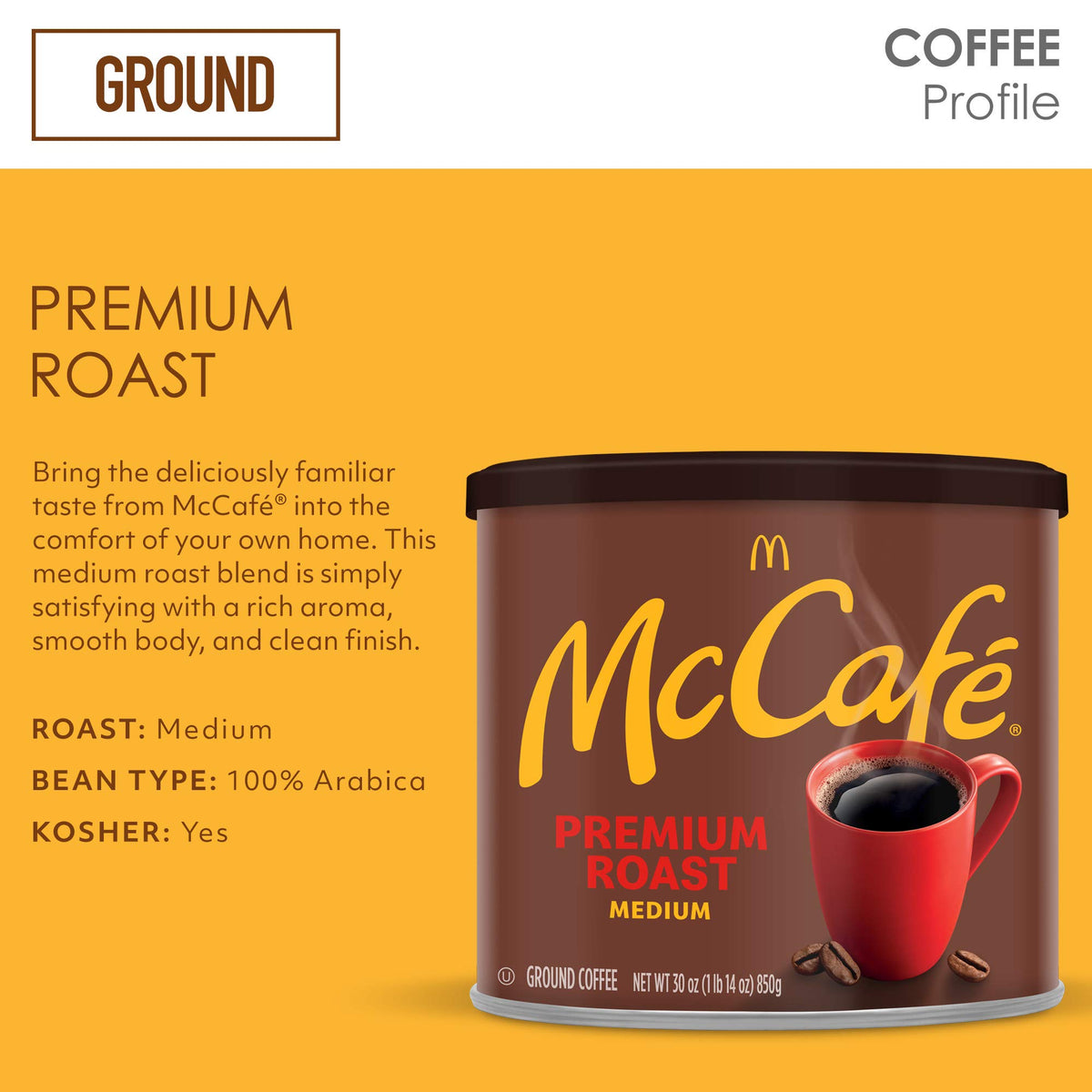 McCafé Premium Roast canister closed highlights premium Arabica beans.