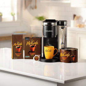 Sustainably sourced McCafé Premium Roast with responsible farming label.
