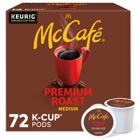McCafé Premium Roast K-Cup pods packaging for at-home convenience.