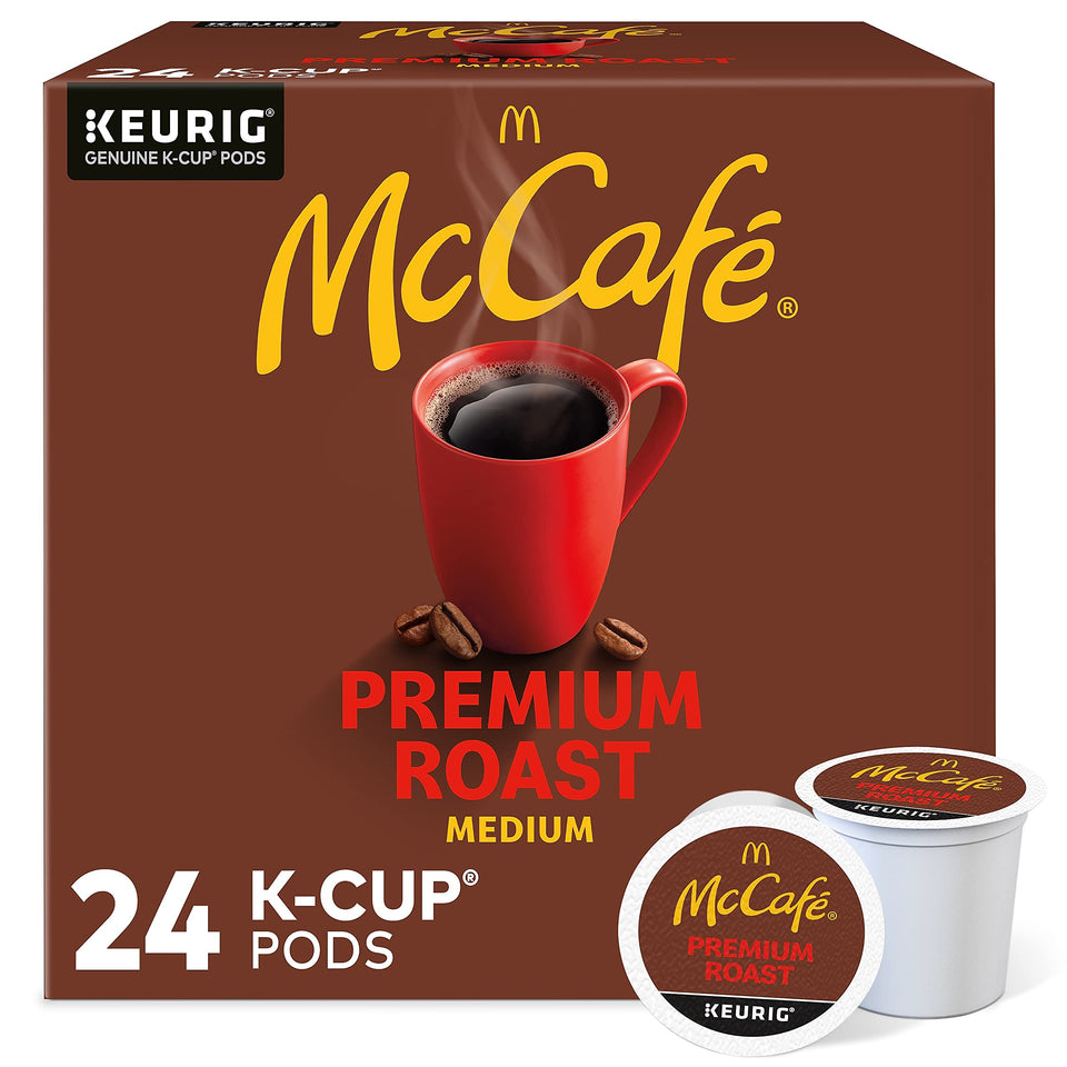 McCafe Premium Roast K-Cup box front highlighting convenient packaging for quick mornings