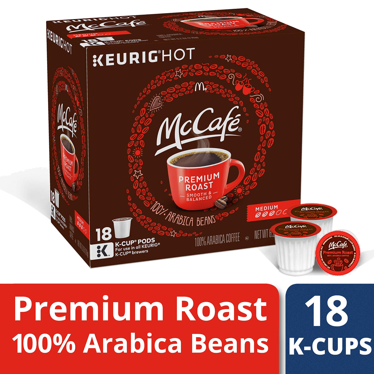 McCafe Premium Roast K-Cup pod in pack highlighting freshness and convenience.