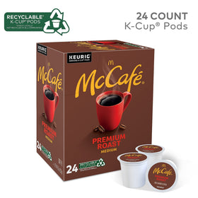 McCafe Premium Roast K-Cup pods closeup emphasizing 100% Arabica quality for a refined cup