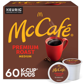 McCafé Premium Roast pods packaging on shelf emphasizes recyclability and convenience.