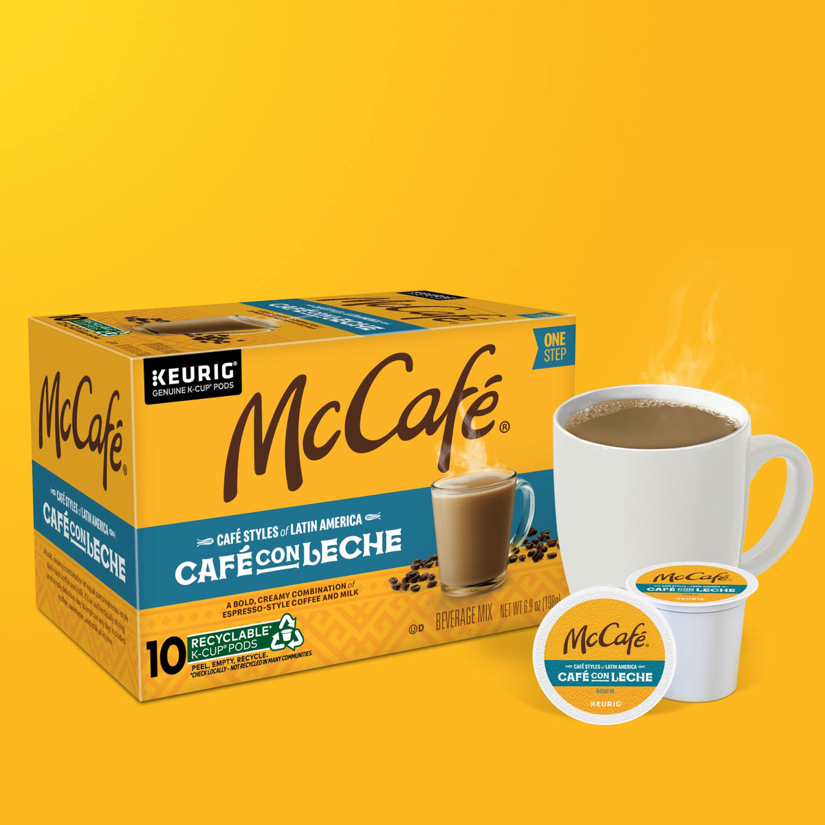 McCafé Café con Leche visuals emphasize smooth creamy milk swirl in cup.