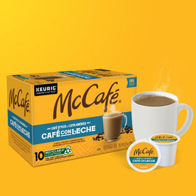 McCafé Café con Leche visuals emphasize smooth creamy milk swirl in cup.