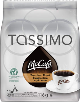 McCafé Tassimo Premium Roast T-Discs front packaging for convenient home coffee.