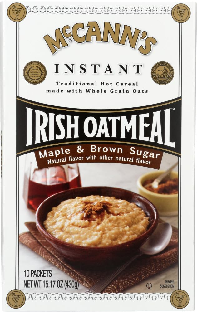 McCann's Instant Irish Oatmeal Maple Brown Sugar box front, quick breakfast option.
