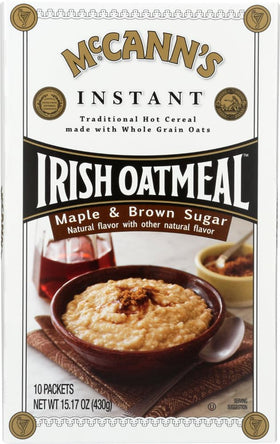 McCann's Instant Irish Oatmeal Maple Brown Sugar box front, quick breakfast option.