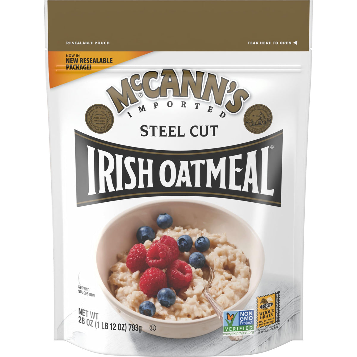 McCann's Irish Oatmeal canister front view highlighting premium steel-cut oats for a hearty breakfast