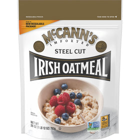 McCann's Irish Oatmeal canister front view highlighting premium steel-cut oats for a hearty breakfast