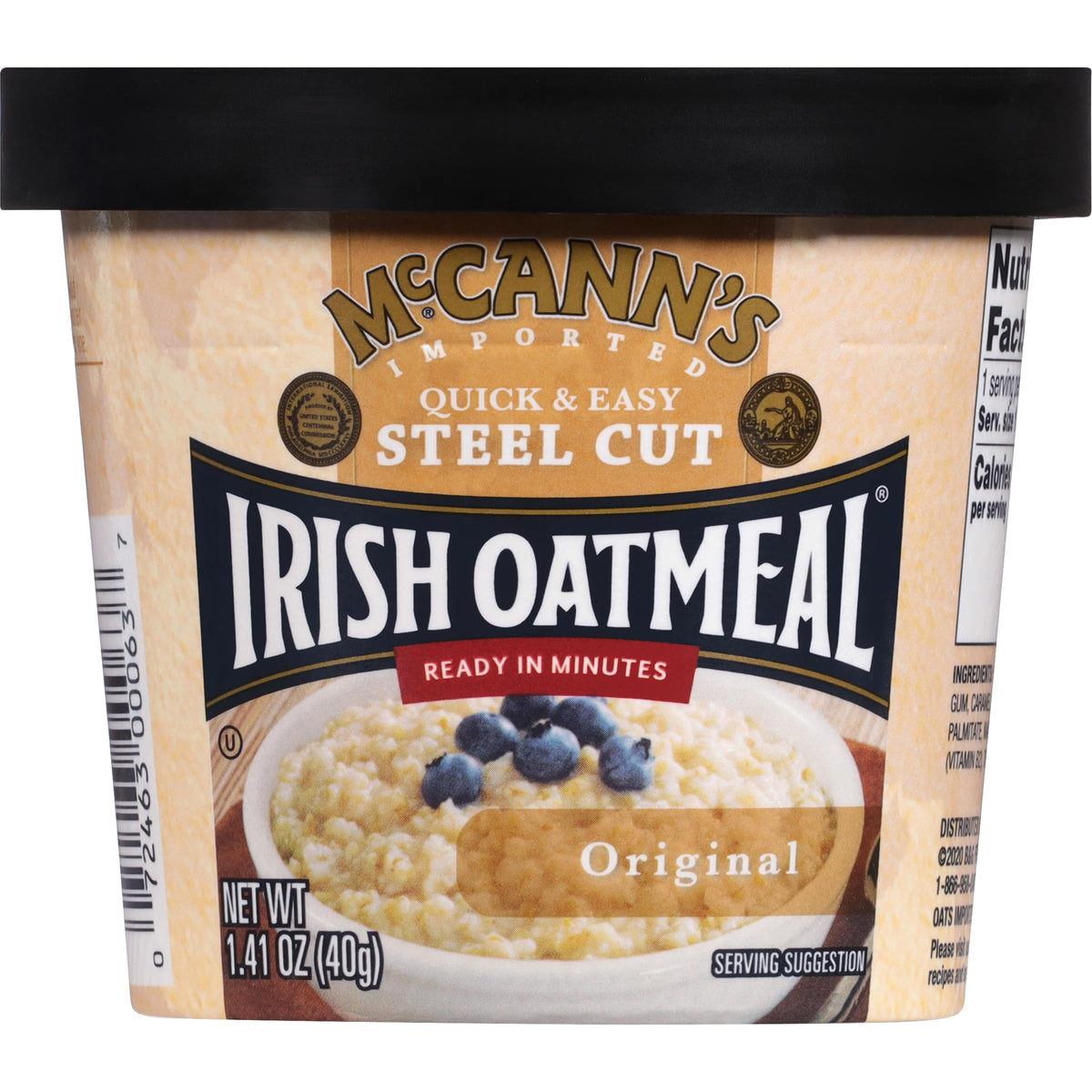 McCann's Irish Oatmeal instant cup on a kitchen counter for convenient breakfast.