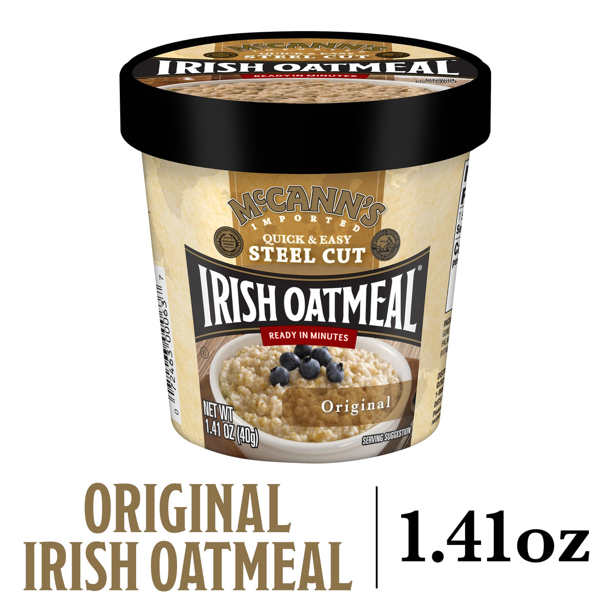 McCann's instant cup with the lid removed, showing the oats ready to prepare.