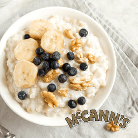 Nutrition details on McCann's oats showing protein and soluble fiber per serving.
