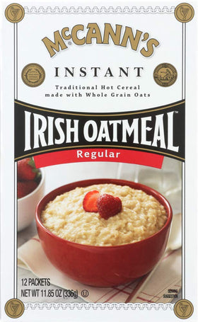 McCann's Irish Oatmeal instant oats packaging in a 3-pack, convenient breakfast option.