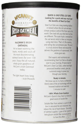 Six-pack McCann's Irish Oatmeal canisters on the counter for easy pantry storage.