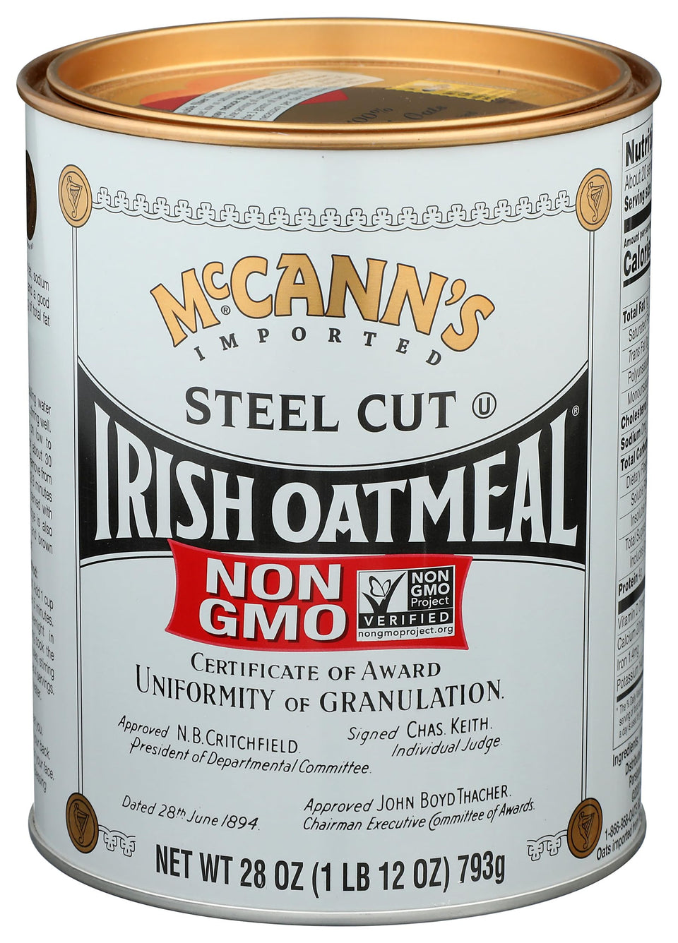 McCann's Irish Oatmeal tin 28oz on a kitchen counter for hearty breakfasts