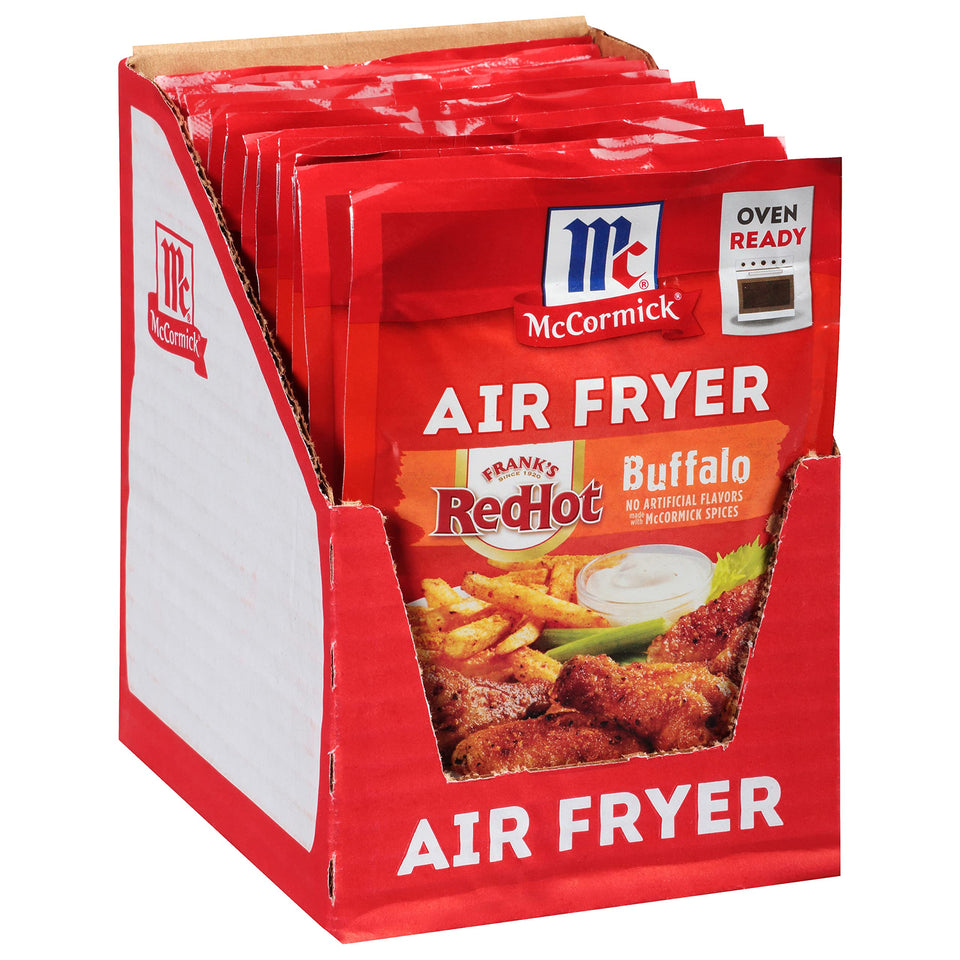 McCormick Air Fryer Buffalo Seasoning Pack Shot for crispy wings with less oil.