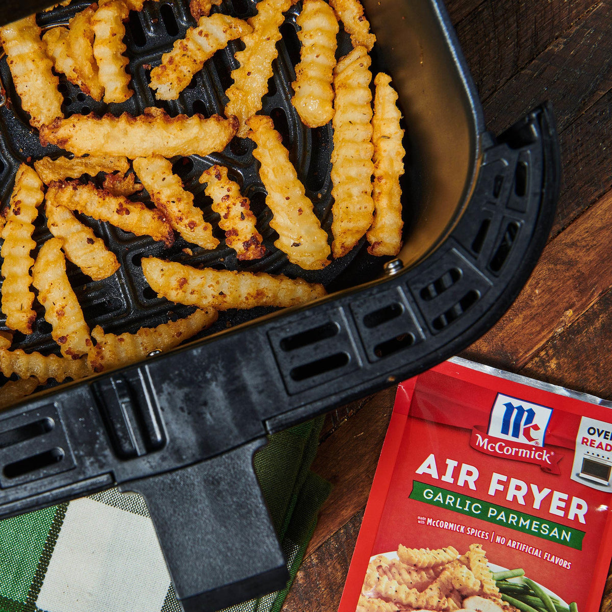McCormick air fryer seasoning packaging close-up.