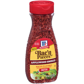 McCormick Bac'n Pieces Applewood Bacon Bits bottle for savory salad toppings.