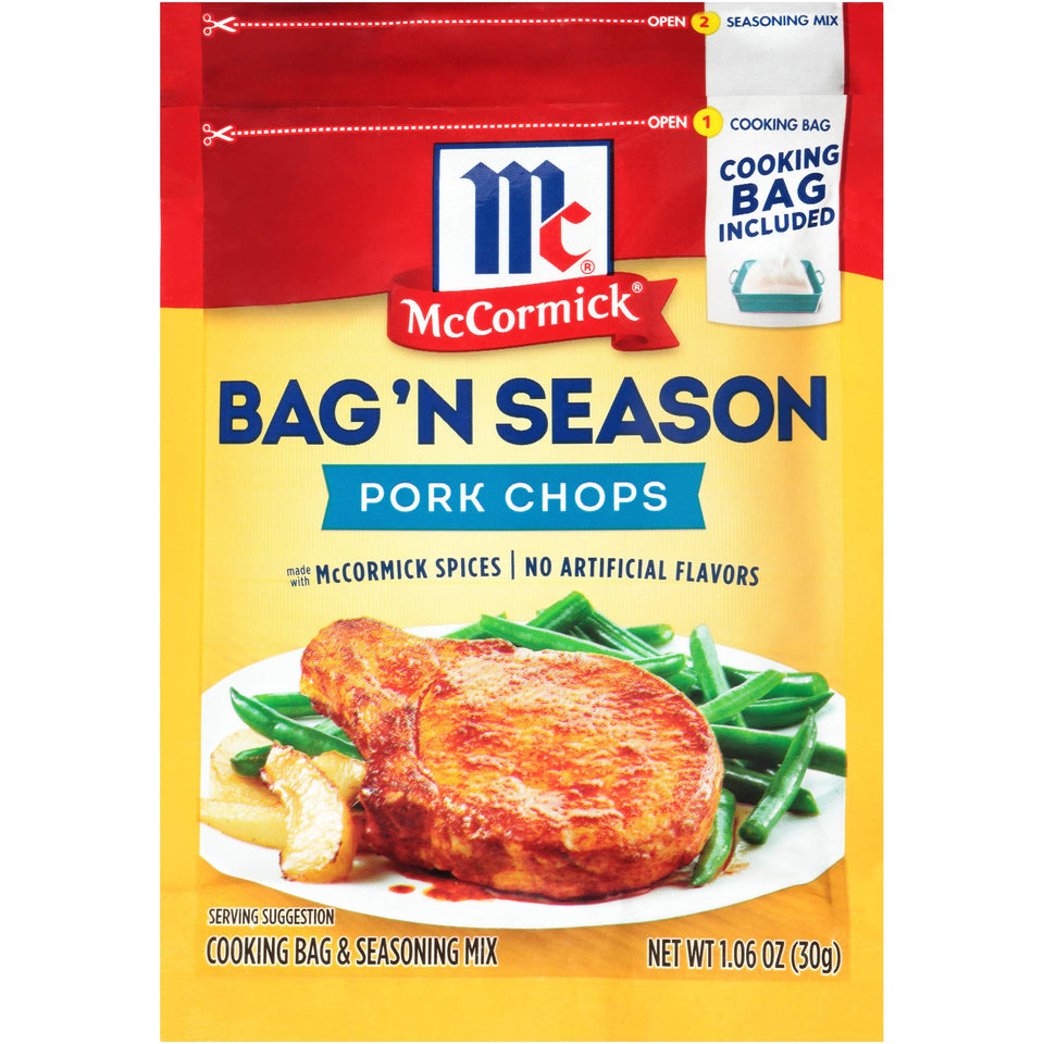 McCormick Bag 'n Season pork chops in a baking bag for easy oven cooking
