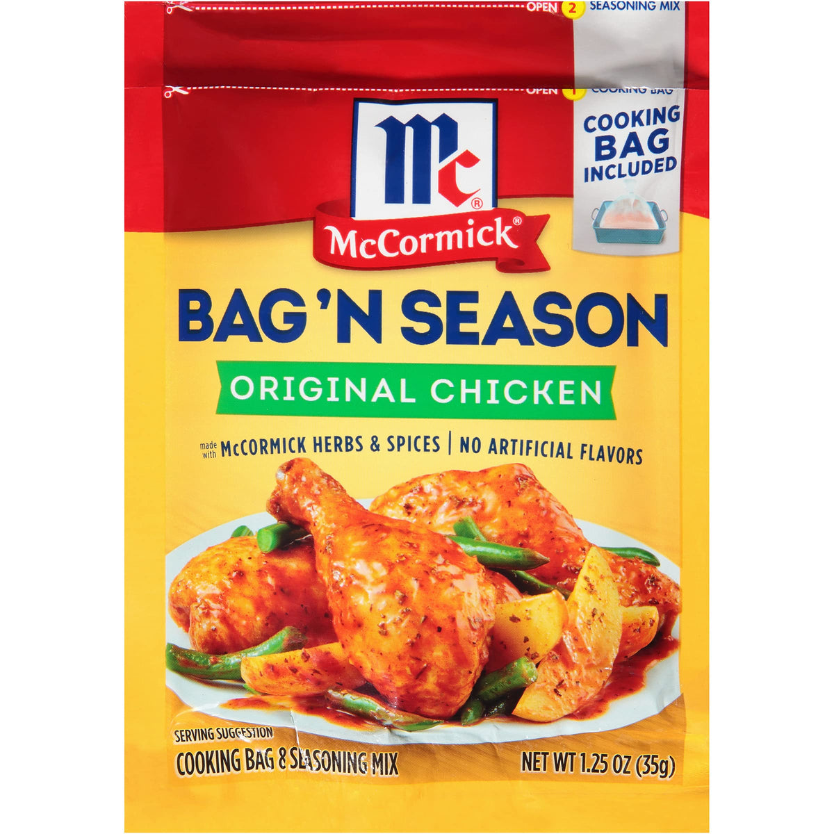 McCormick Bag 'n Season seasoning mix packet adds rich herbs and spices to chicken.