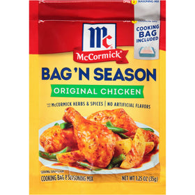 McCormick Bag 'n Season seasoning mix packet adds rich herbs and spices to chicken.