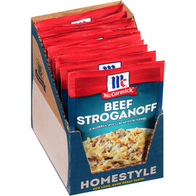 McCormick Beef Stroganoff Seasoning Mix jar front, ideal for easy weeknight dinners.