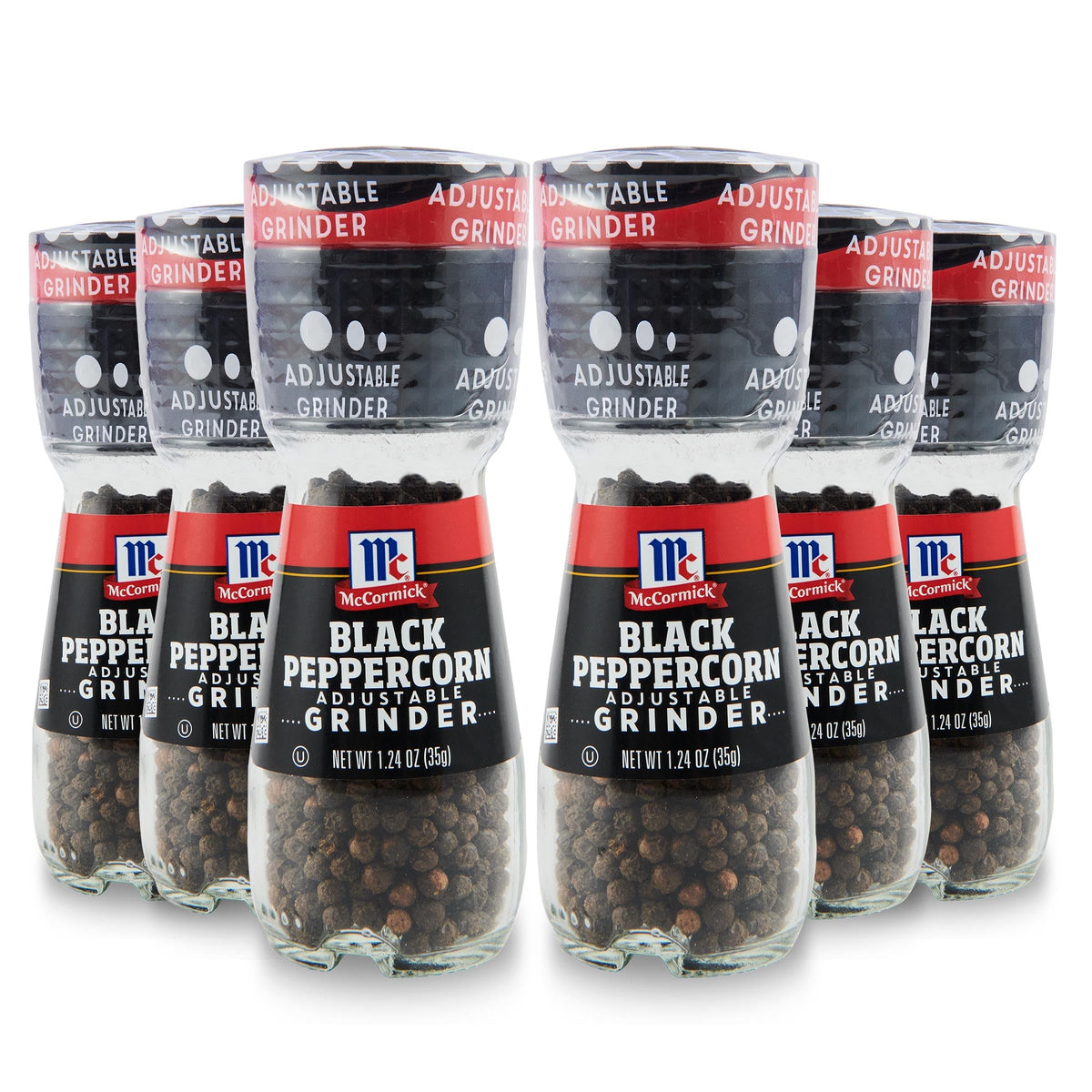 McCormick Black Peppercorn Grinder six-pack on table for fresh seasoning