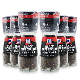 McCormick Black Peppercorn Grinder six-pack on table for fresh seasoning