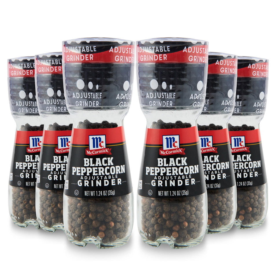 McCormick Black Peppercorn Grinder six-pack on table for fresh seasoning
