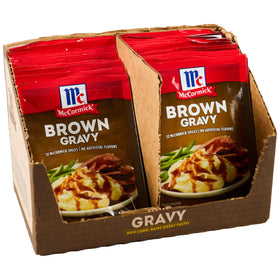 McCormick Brown Gravy Mix packet closeup showing easy use for weeknight meals