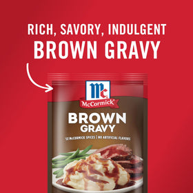 McCormick Brown Gravy Mix being stirred on the stove to thicken