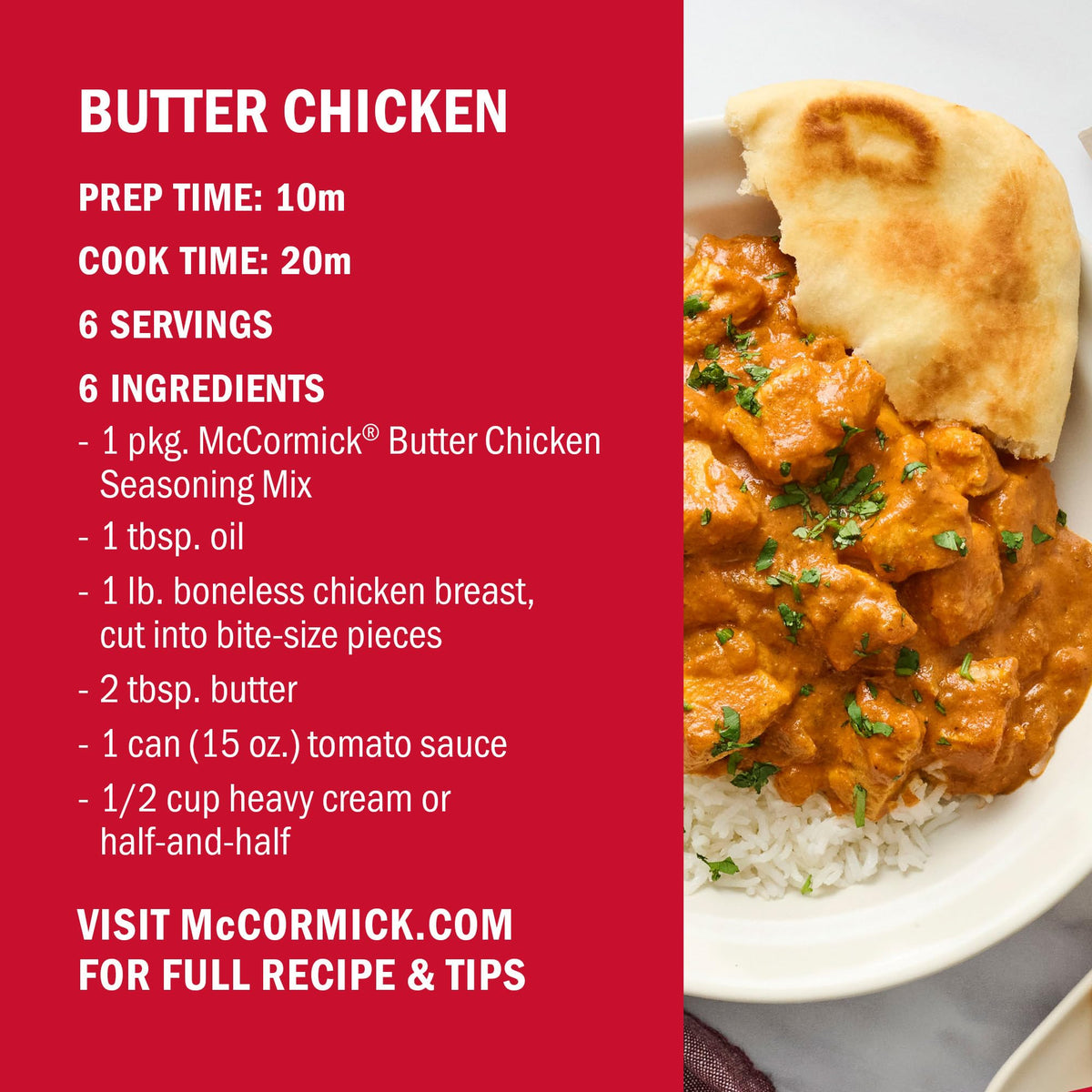 McCormick Butter Chicken served with naan for a cozy dinner.