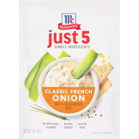 McCormick Classic French Onion Dip packaging front shows five-ingredient blend for quick flavor