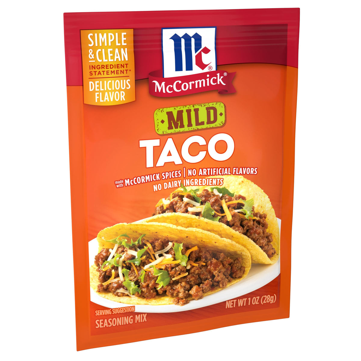McCormick Classic Taco Seasoning Mild packet front showing authentic flavor for family meals